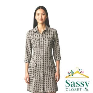 ✨ BCBGMAXAZRIA Olive White Geometric Print Shirt Dress M 🌿